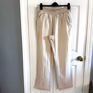 GUESS 100% Linen Pants, Cream, Pockets, Elasticated Waist, Size L